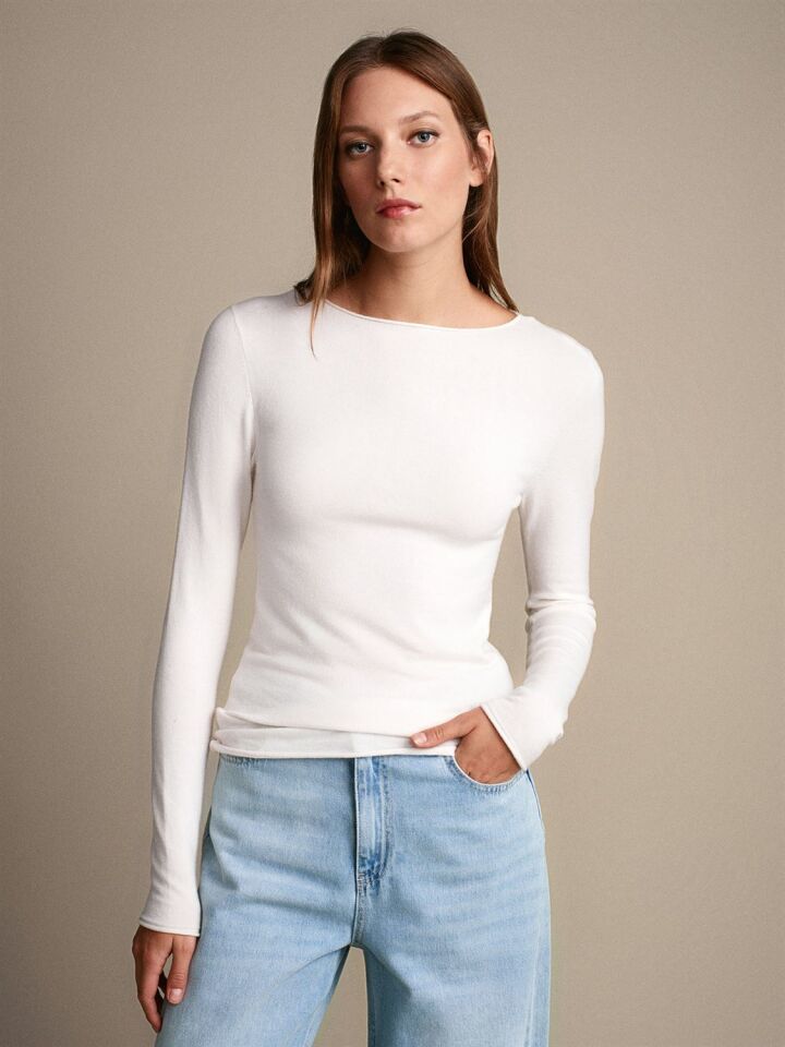 Kayık Yaka Kaşmir Karışımlı Kazak